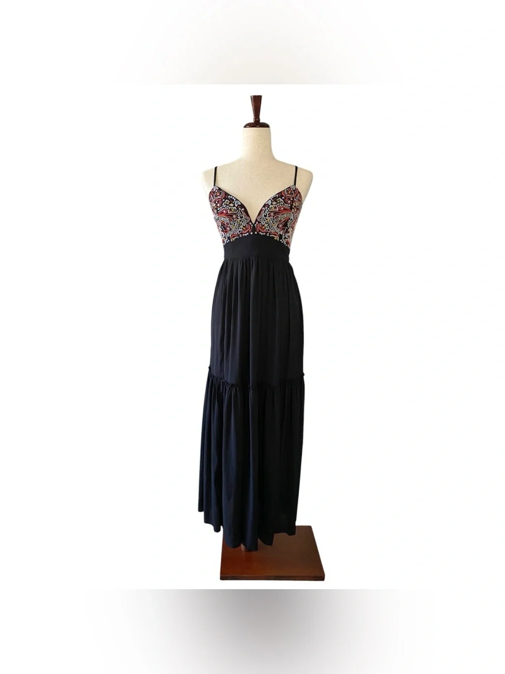Abercrombie & Fitch Black Embroidered Maxi Dress S Cross Back Tiered Boho Hemmed